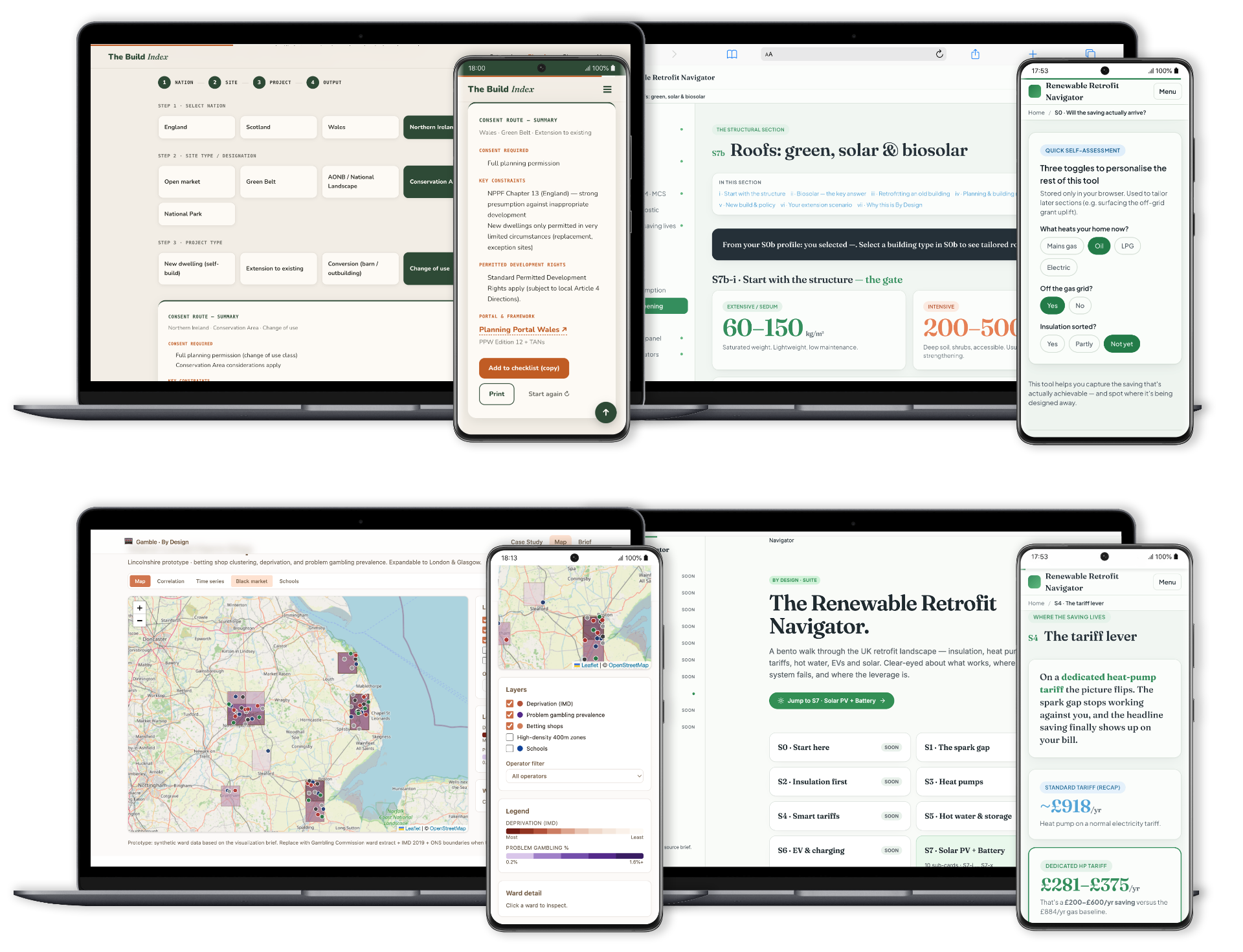 Nav Suite — four navigator tools across laptop and mobile: Build Index, Renewable Retrofit, Gamble by Design, EPR